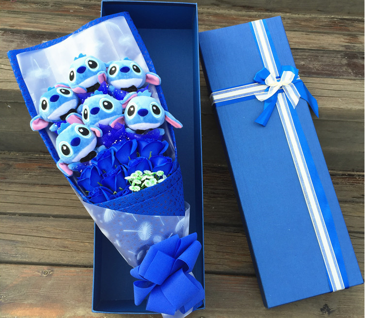 Stitch Cartoon Doll Gift Box with Floral Bouquet