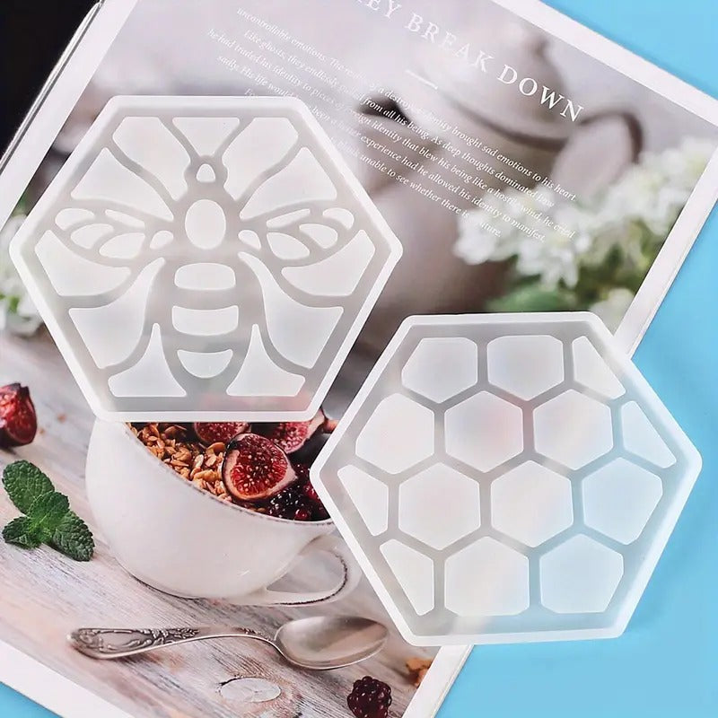 2pcs Bee Honeycomb Crystal Epoxy Coaster Mold Set