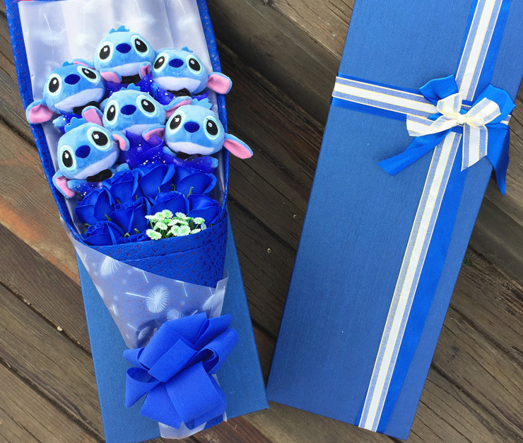 Stitch Cartoon Doll Gift Box with Floral Bouquet