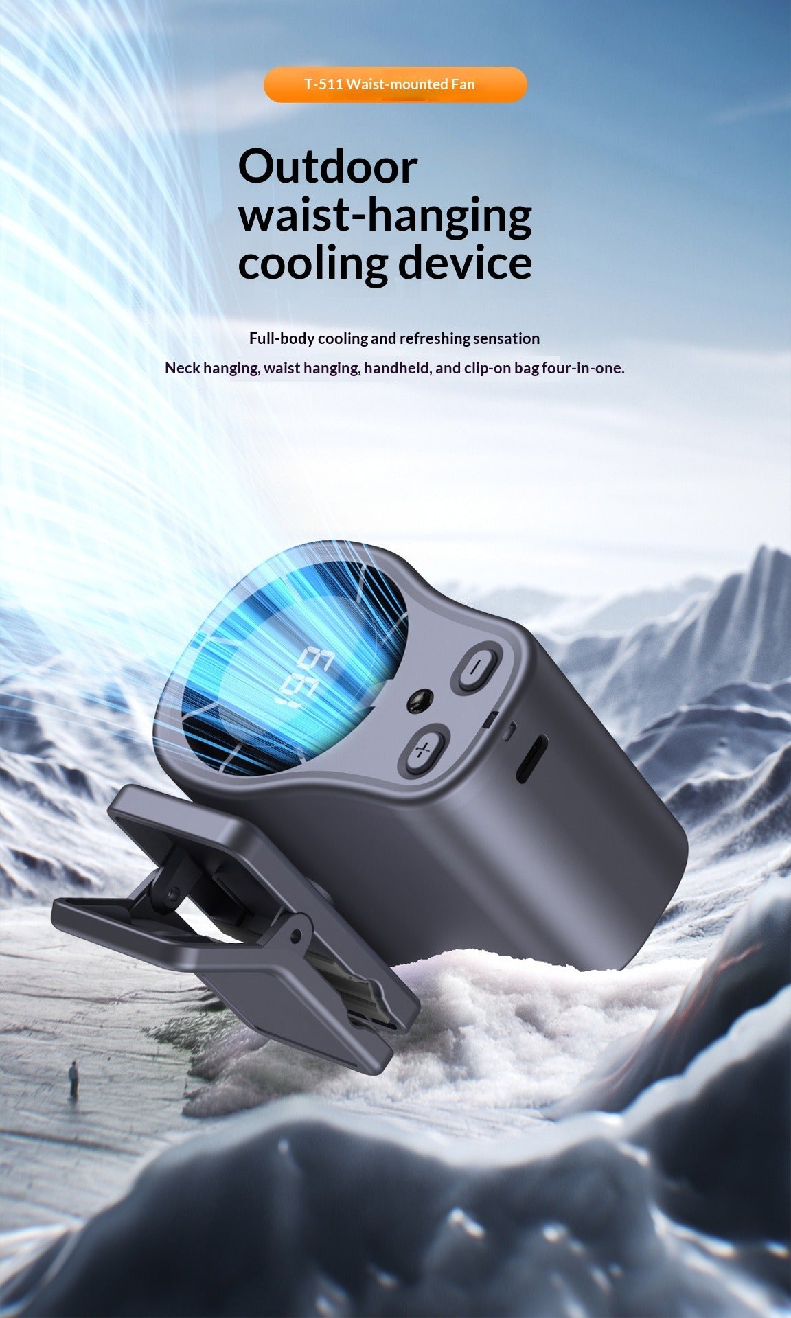 Outdoor Waist-Hanging Fan with Handheld Lighting