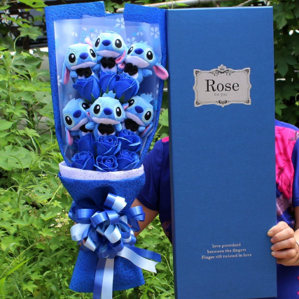 Stitch Cartoon Doll Gift Box with Floral Bouquet